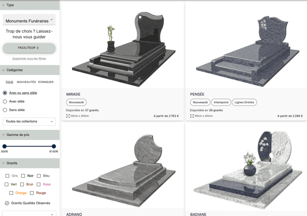 Sélectionner un monument funéraire selon différents critères : type, couleur, prix, stèle, confession...
