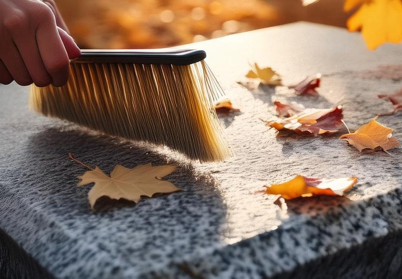 balayer avec une balayette des feuilles sur une pierre tombale en granit