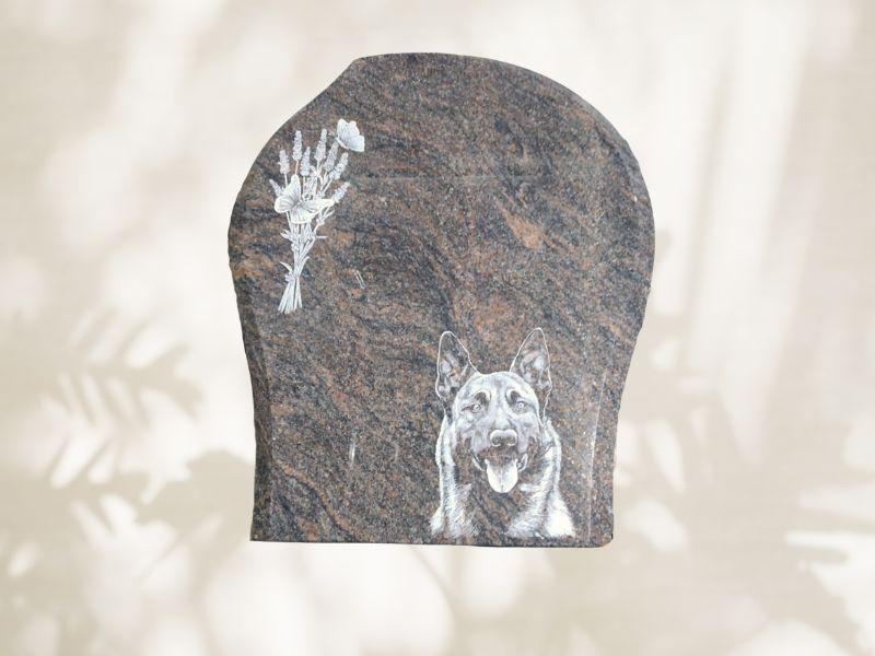 Chien et bouquet de fleurs gravés sur stèle