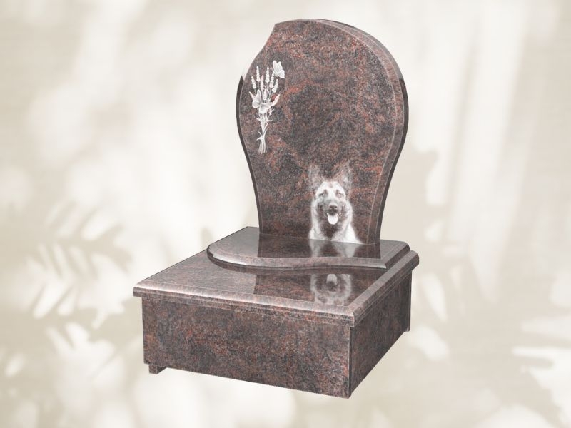 Gravure sur stèle d'un chien et un bouquet de fleurs