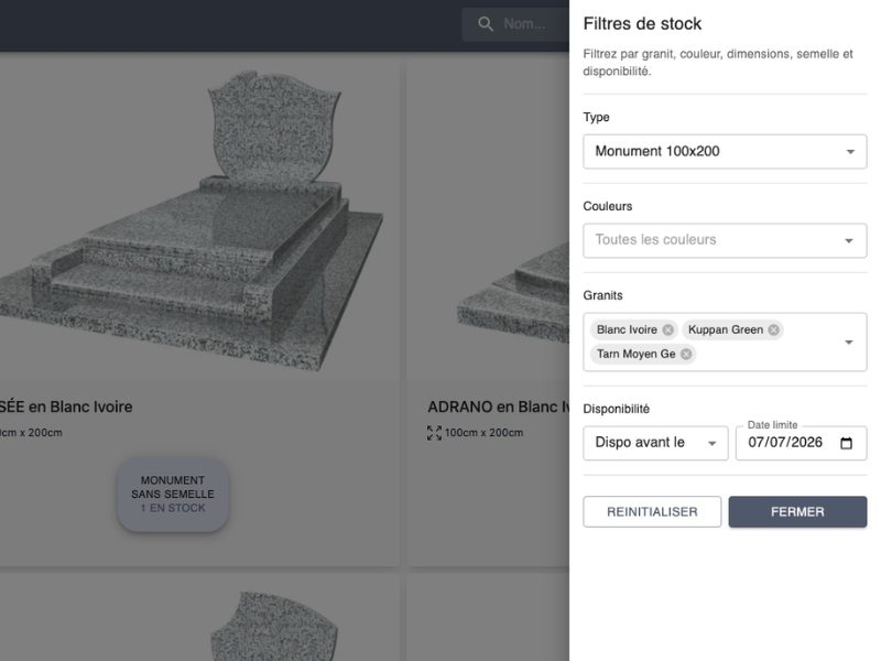 Filtre sur les monuments en stock